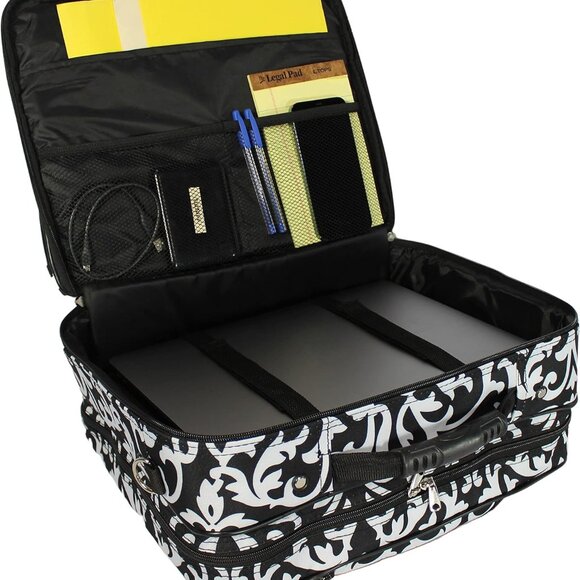 World Traveler Rolling 17-Inch Laptop Briefcase Computer Case, Black Trim Damask - Picture 2 of 8